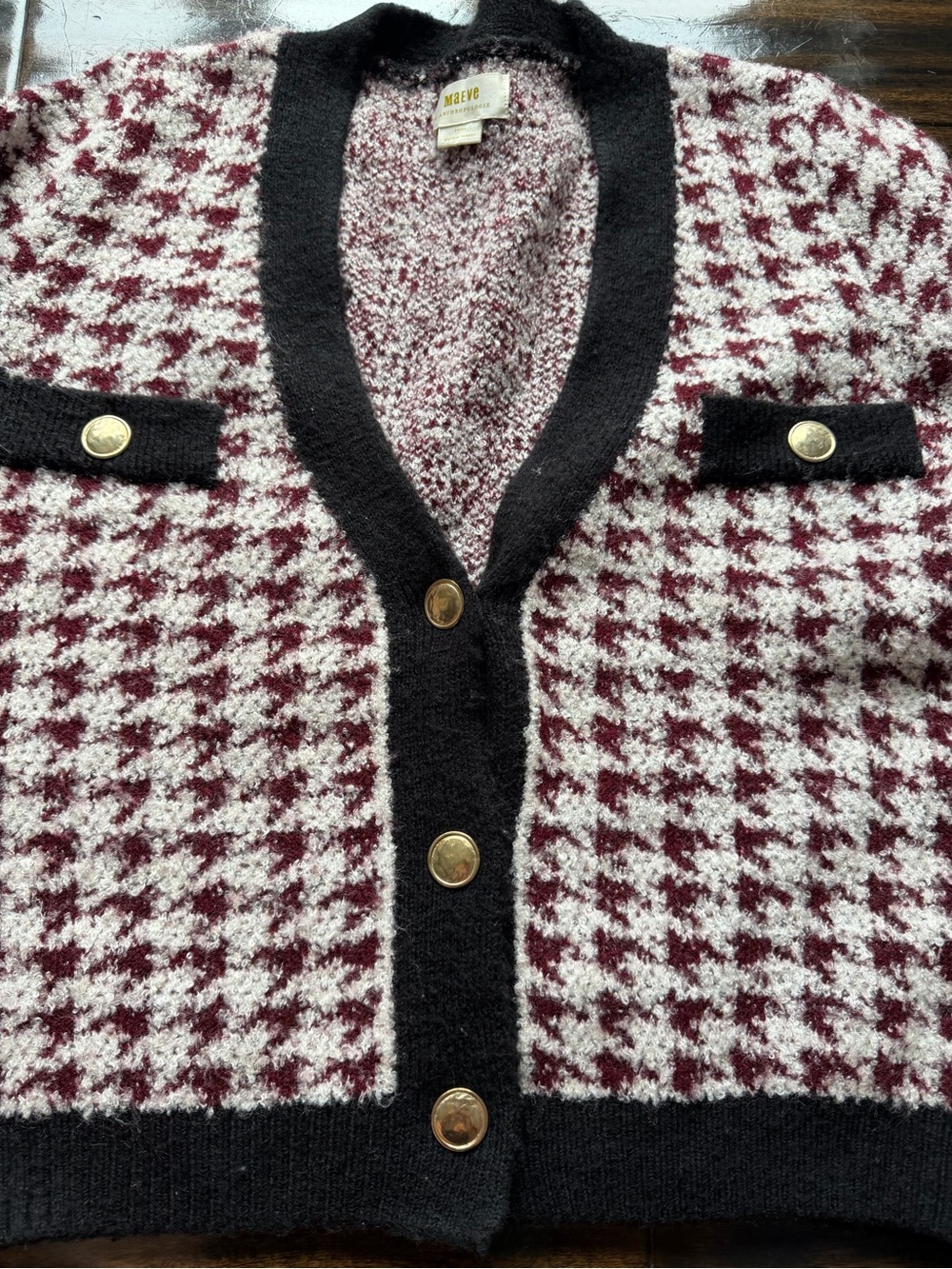 Anthropologie Maeve Burgundy and White Houndstooth Button-Front Cardigan - Picture 2 of 7